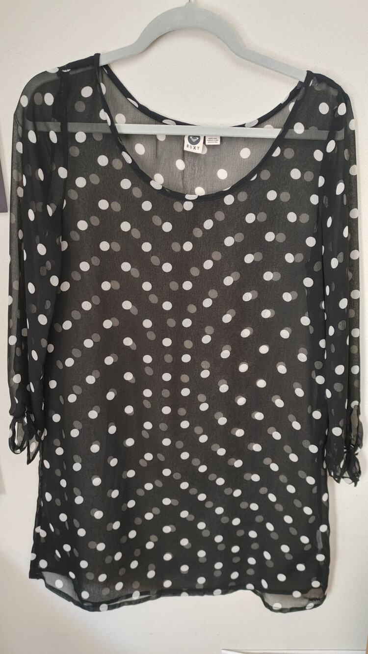 ROXY Blouse Top Semi Sheer Polka Dot Black White Medium